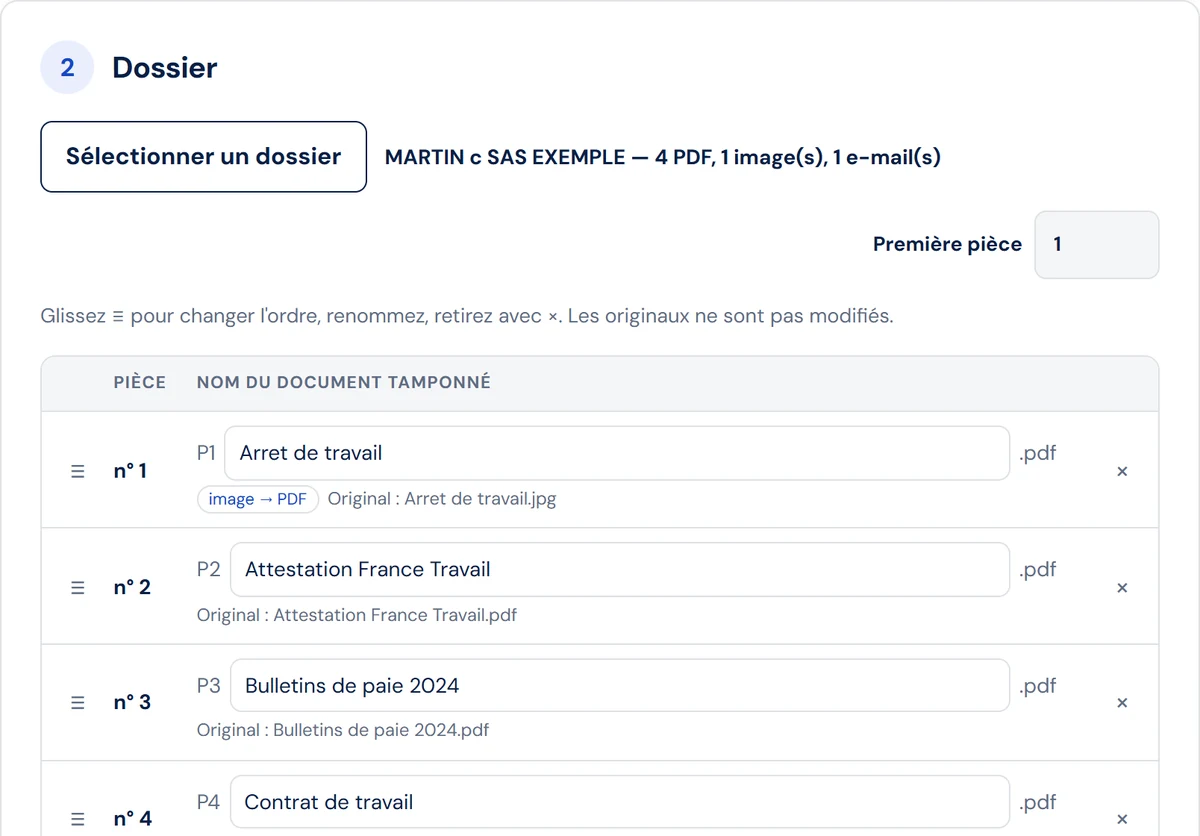 Dossier « MARTIN c SAS EXEMPLE » sélectionné : PDF, image et e-mail listés
