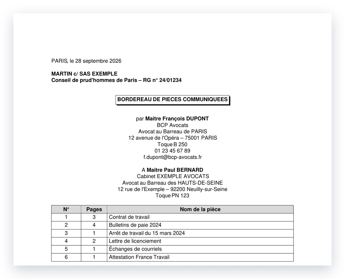 Bordereau de pièces communiquées généré pour l'affaire MARTIN c/ SAS EXEMPLE